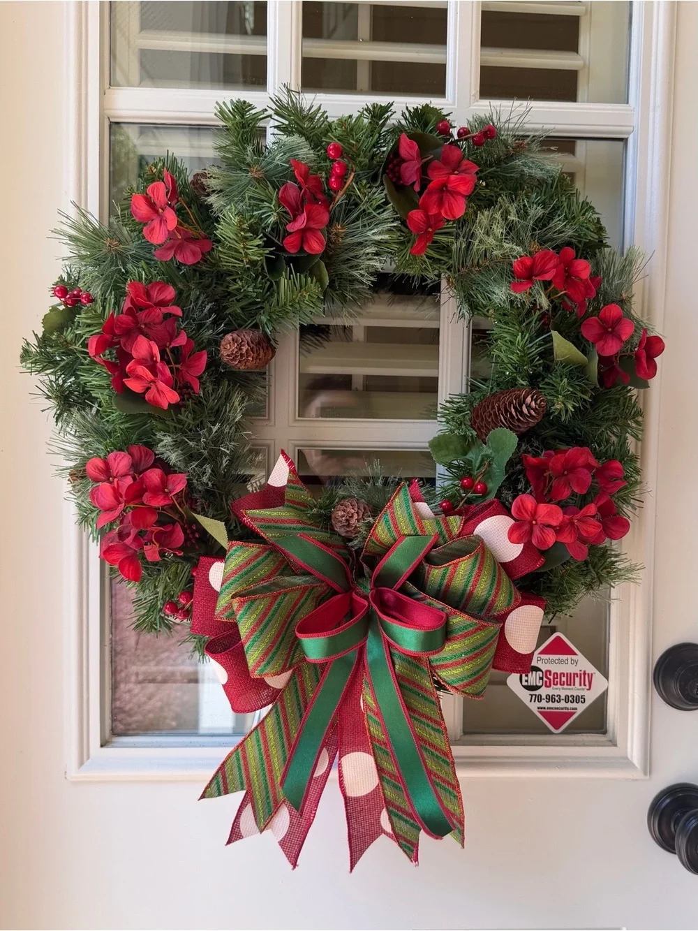 Red Hydrangea Holiday Wreath with lights and a Festive Bow